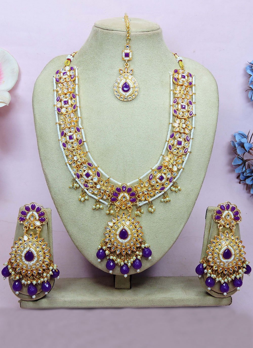 Violet Moti and Stone Work Necklace Set