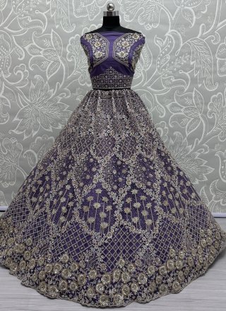 Violet Net Dori, Embroidered, Multi, Sequins and Thread Work A - Line Lehenga Choli for Engagement