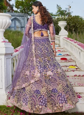 Violet Net Lehenga Choli with Embroidered, Sequins, Stone, Thread and Zari Work for Women