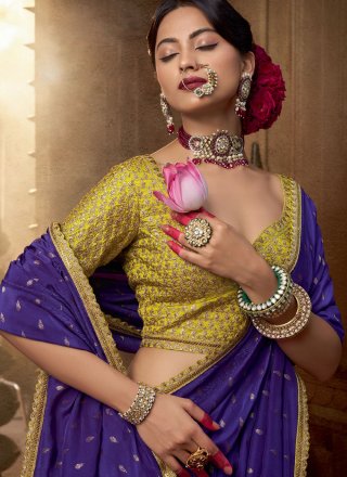 Violet Pure Crepe Patch Border, Booti, Lace and Zari Work Traditional Saree for Ceremonial