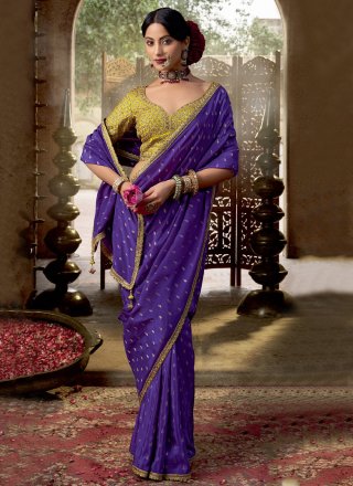 Violet Pure Crepe Patch Border, Booti, Lace and Zari Work Traditional Saree for Ceremonial