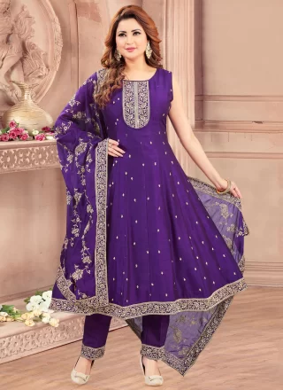 Violet Silk Embroidered and Zari Work Pant Style Suit for Ceremonial