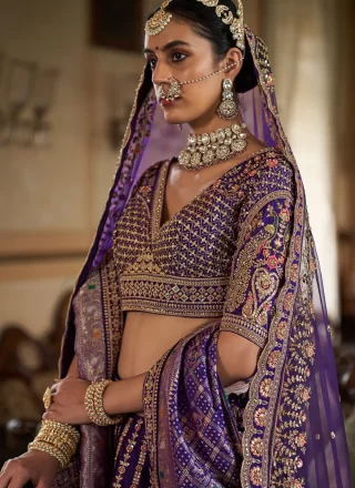 Violet Silk Embroidered, Pearls, Sequins, Thread, Weaving and Zari Work Lehenga Choli for Ceremonial