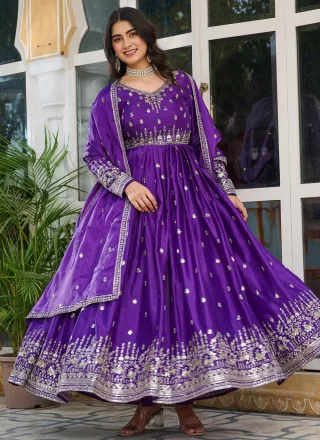 Violet Silk Embroidered, Sequins and Zari Work Gown for Ceremonial
