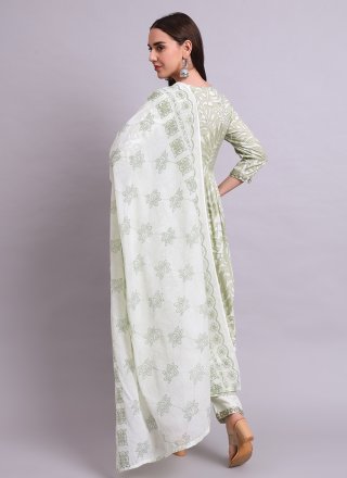 Vivacious Green Cotton Anarkali Suit with Embroidered and Print Work