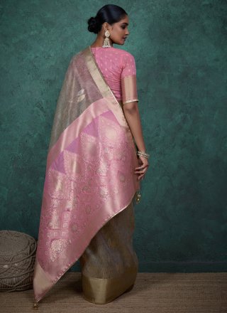 Vivacious Grey Linen Designer Sari with Woven and Zari Work