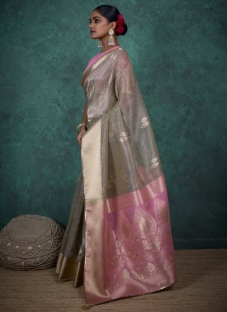 Vivacious Grey Linen Designer Sari with Woven and Zari Work