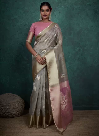 Vivacious Grey Linen Designer Sari with Woven and Zari Work