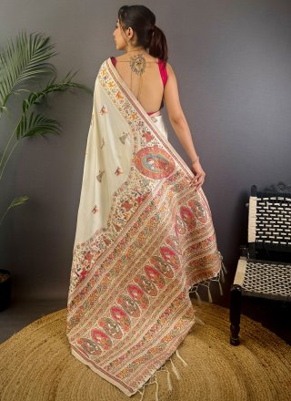 Vivid Off White Pashmina Traditional Saree
