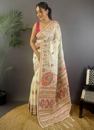 Vivid Off White Pashmina Traditional Saree