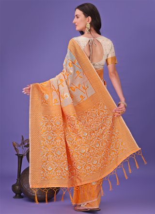 Voguish Orange Cotton Classic Saree with Print Work