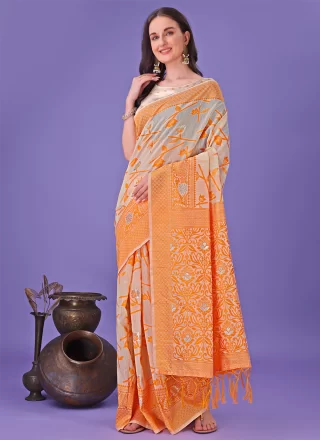 Voguish Orange Cotton Classic Saree with Print Work