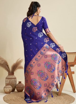 Voluptuous Blue Silk Designer Sari with Weaving Work
