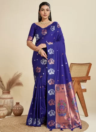 Voluptuous Blue Silk Designer Sari with Weaving Work
