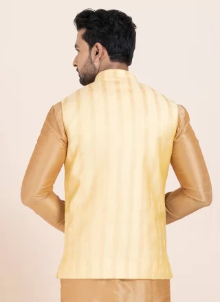 Voluptuous Gold Cotton Nehru Jackets with Jacquard Work