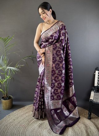 Weaving and Zari Work Banarasi Silk Classic Saree In Purple Color