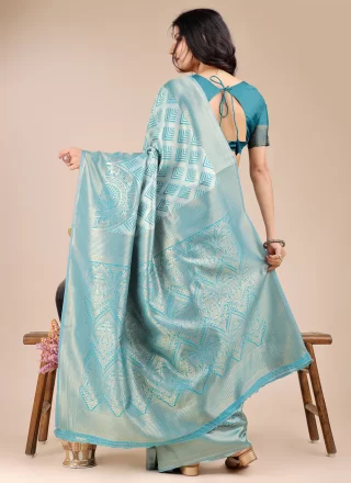 Weaving and Zari Work Banarasi Silk Traditional Saree In Firozi