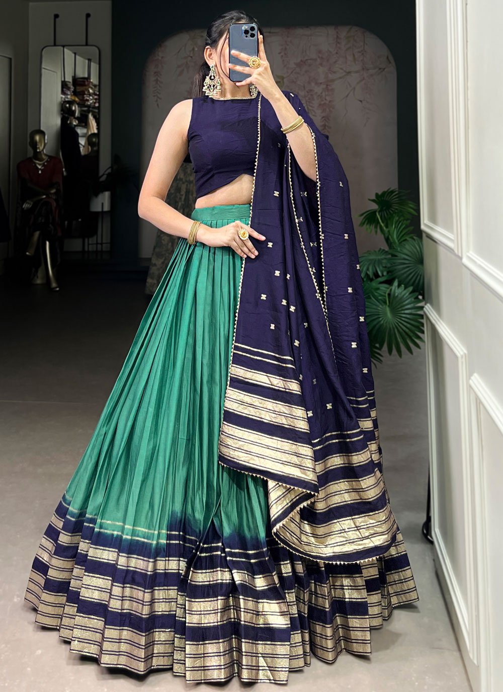 Buy Weaving and Zari Work Chanderi A Line Lehenga Choli In Teal