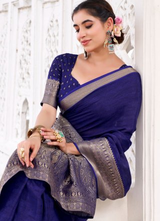 Weaving and Zari Work Chinon Contemporary Sari In Blue