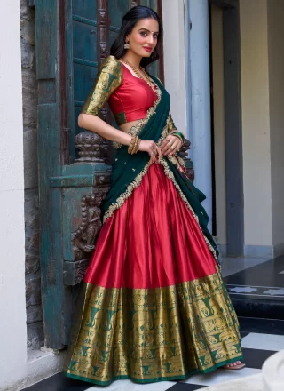 Weaving and Zari Work Fancy Fabric A - Line Lehenga Choli In Red for Festival