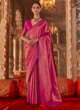 Weaving and Zari Work Handloom Silk Classic Sari In Magenta