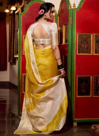 Weaving and Zari Work Jacquard Contemporary Sari In Yellow Colour