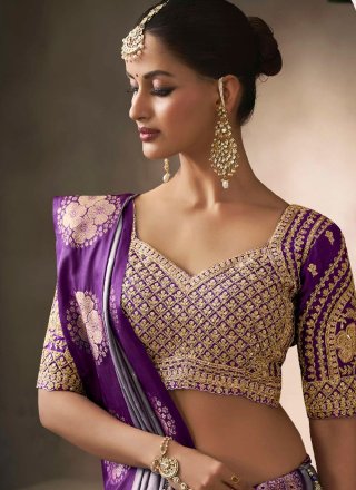 Weaving and Zari Work Satin Silk Contemporary Saree In Grey and Lavender