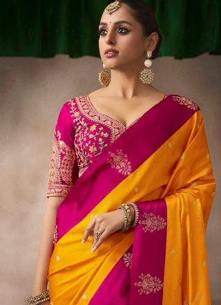 Weaving and Zari Work Satin Silk Traditional Saree In Yellow