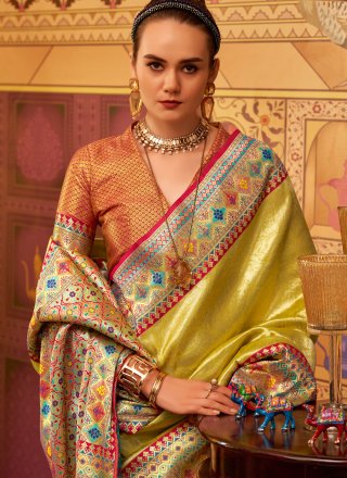 Weaving and Zari Work Silk Contemporary Sari In Gold Color