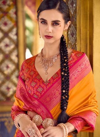Weaving and Zari Work Silk Contemporary Sari In Orange Color