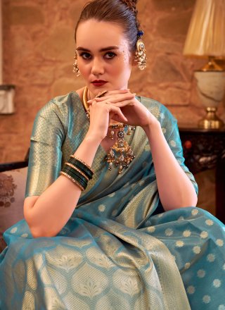 Weaving and Zari Work Tissue Trendy Saree In Blue Colour