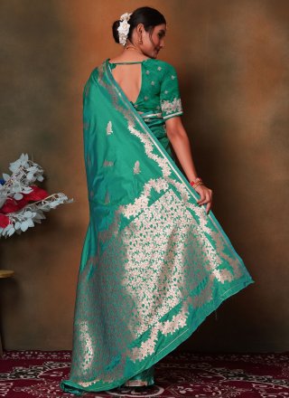 Weaving Work Art Silk Classic Sari In Turquoise Color