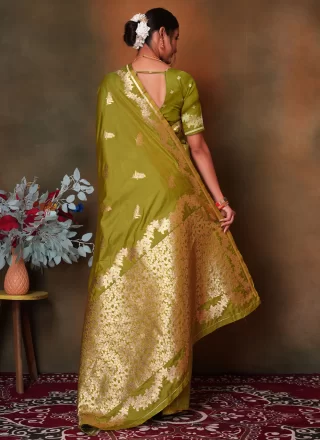 Weaving Work Art Silk Contemporary Saree In Green Color