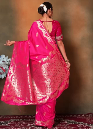 Weaving Work Art Silk Designer Sari In Fuchsia Color