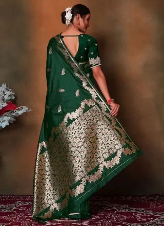 Weaving Work Art Silk Traditional Saree In Green Color