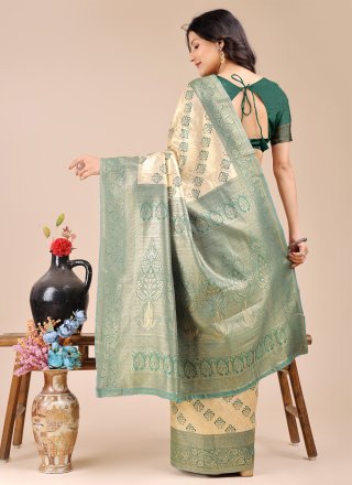 Weaving Work Banarasi Silk Classic Sari In Cream and Green for Casual