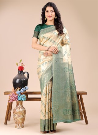 Weaving Work Banarasi Silk Classic Sari In Cream and Green for Casual