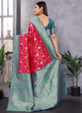 Weaving Work Banarasi Silk Classic Sari In Red Color