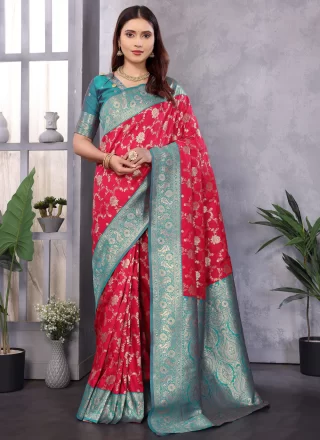 Weaving Work Banarasi Silk Classic Sari In Red Color