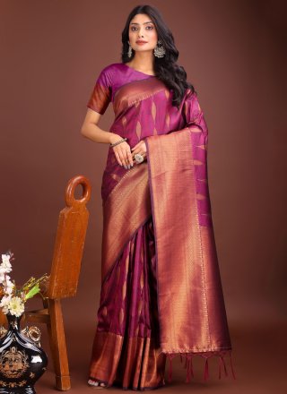 Weaving Work Banarasi Silk Contemporary Sari In Purple Colour
