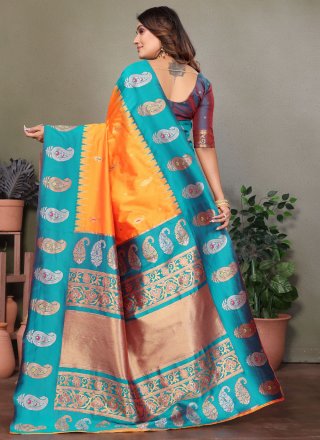 Weaving Work Banarasi Silk Contemporary Sari In Yellow for Ceremonial