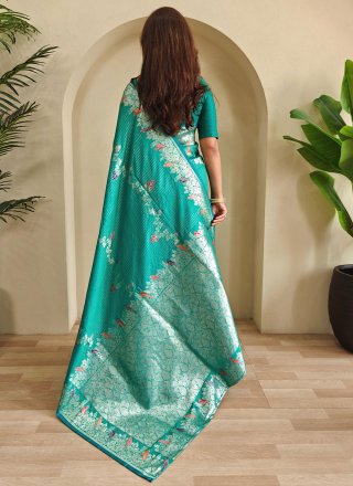 Weaving Work Banarasi Silk Designer Sari In Firozi Color