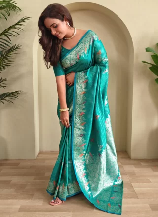 Weaving Work Banarasi Silk Designer Sari In Firozi Color