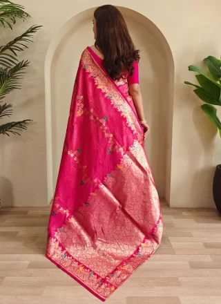 Weaving Work Banarasi Silk Traditional Saree In Rani Color