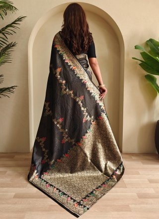 Weaving Work Banarasi Silk Trendy Saree In Black Color