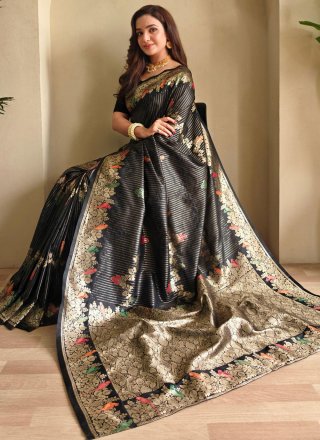 Weaving Work Banarasi Silk Trendy Saree In Black Color