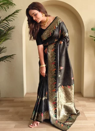 Weaving Work Banarasi Silk Trendy Saree In Black Color