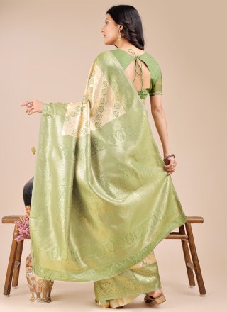 Weaving Work Banarasi Silk Trendy Saree In Cream and Green for Casual