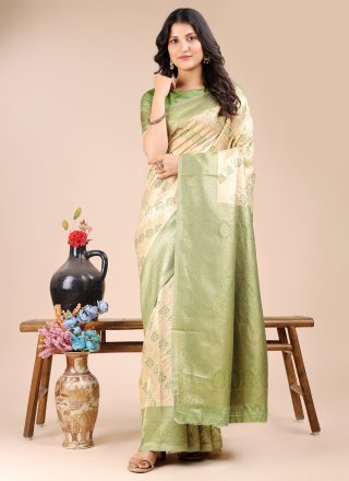Weaving Work Banarasi Silk Trendy Saree In Cream and Green for Casual