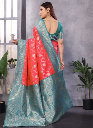 Weaving Work Banarasi Silk Trendy Saree In Pink Color